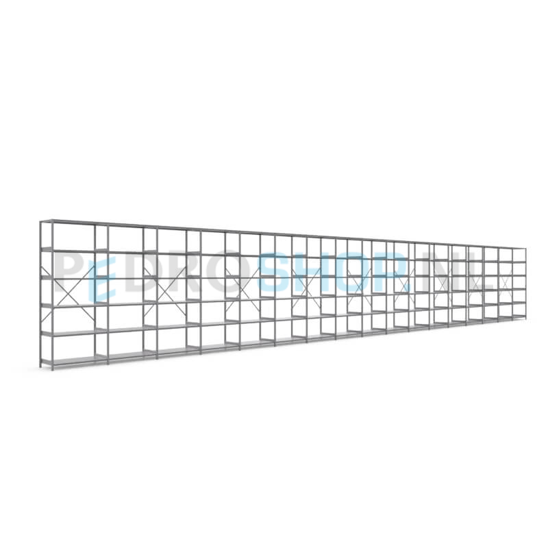 Metalen stellingkast: 250cm (h) x 50cm (d) x 1713.8cm (l)